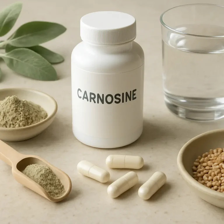 Carnosine supplement bottle with capsules, herbal powder, and a glass of water on a light background, emphasizing fitness and wellness benefits.