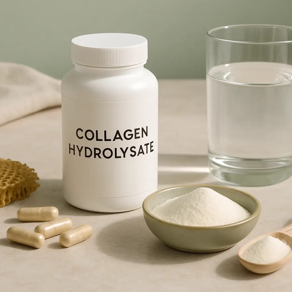 A bottle of collagen hydrolysate supplements next to capsules, a bowl and spoon of white powder, and a glass of water, highlighting wellness, vitamins, and healthy eating.