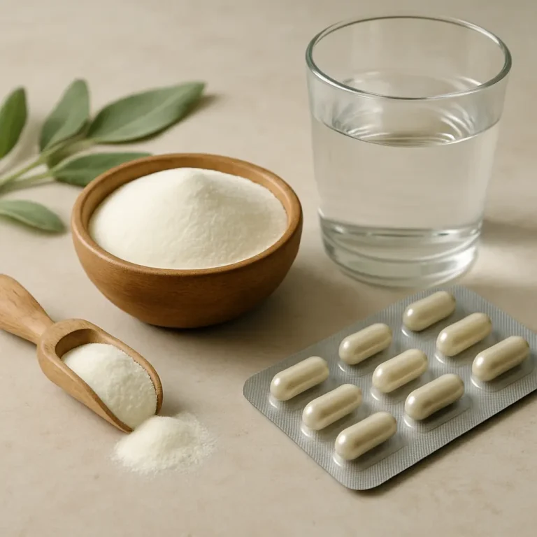 A wooden bowl of protein powder, a blister pack of capsules, a glass of water, and sage leaves; suggesting wellness, healthy eating, and vitamin supplements.