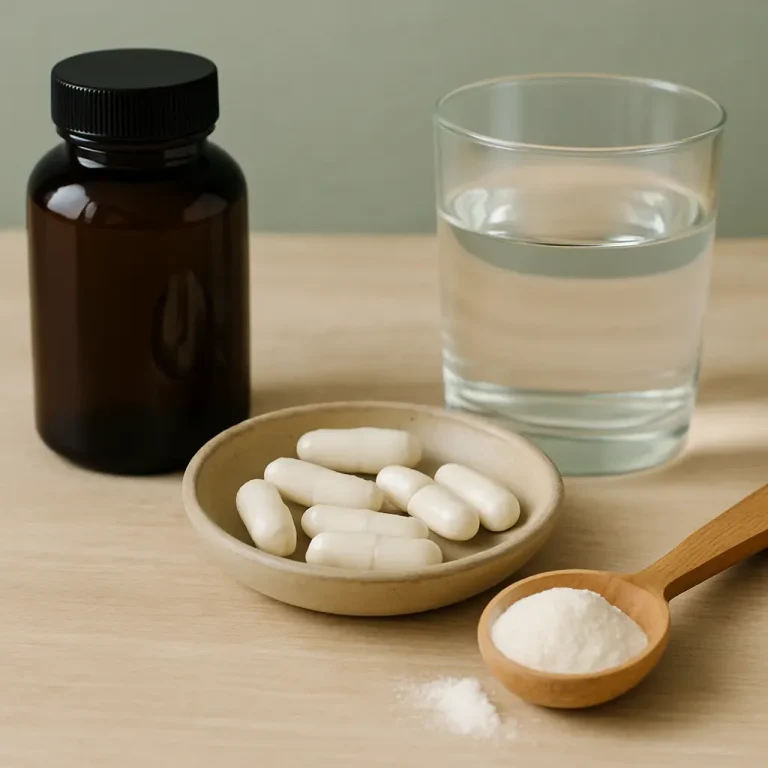 A bottle of supplements, white capsules in a dish, a glass of water, and a spoon of powder on a table, representing vitamins, health, and wellness.