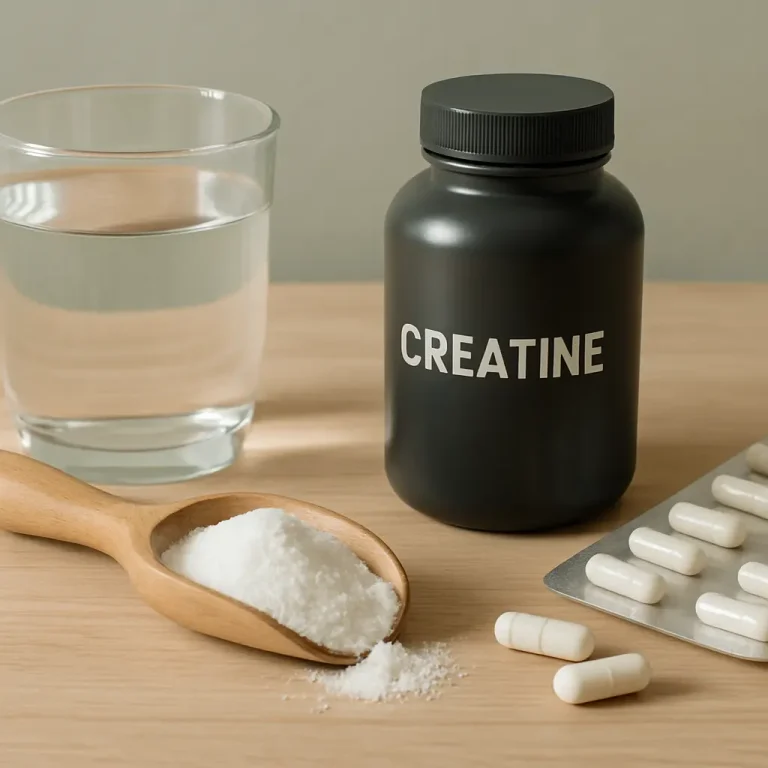 Creatine supplement container alongside a glass of water, a wooden scoop filled with powder, and a blister pack of capsules, emphasizing fitness, wellness, and muscle health.