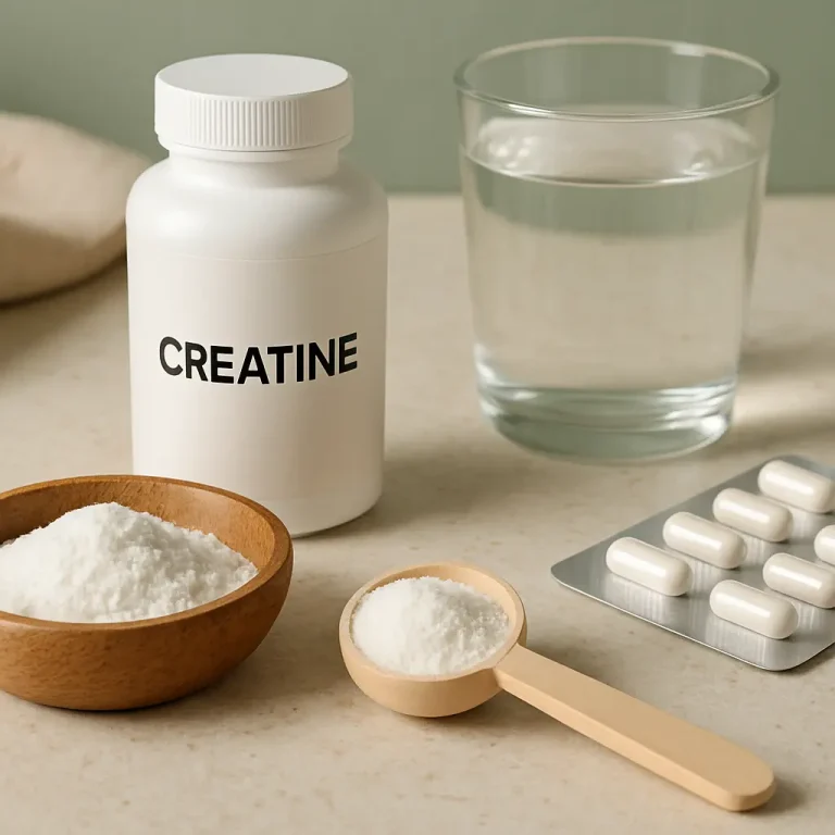 Creatine supplement bottle with powder in a wooden bowl and scoop, next to a blister pack of capsules and a glass of water, illustrating fitness nutrition, muscle building, and wellness products.