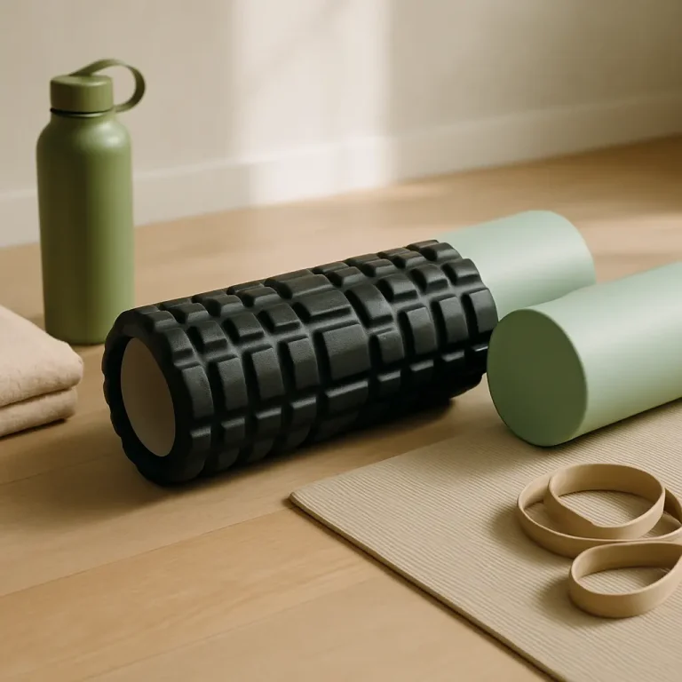 Home fitness setup with a textured black foam roller, green yoga mat, water bottle, and exercise bands for wellness and healthy lifestyle.