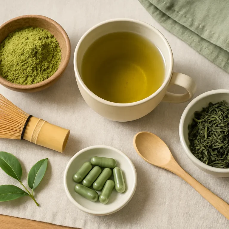 Green tea with matcha powder, green capsules, and fresh leaves, embodying wellness and healthy eating through natural supplements.