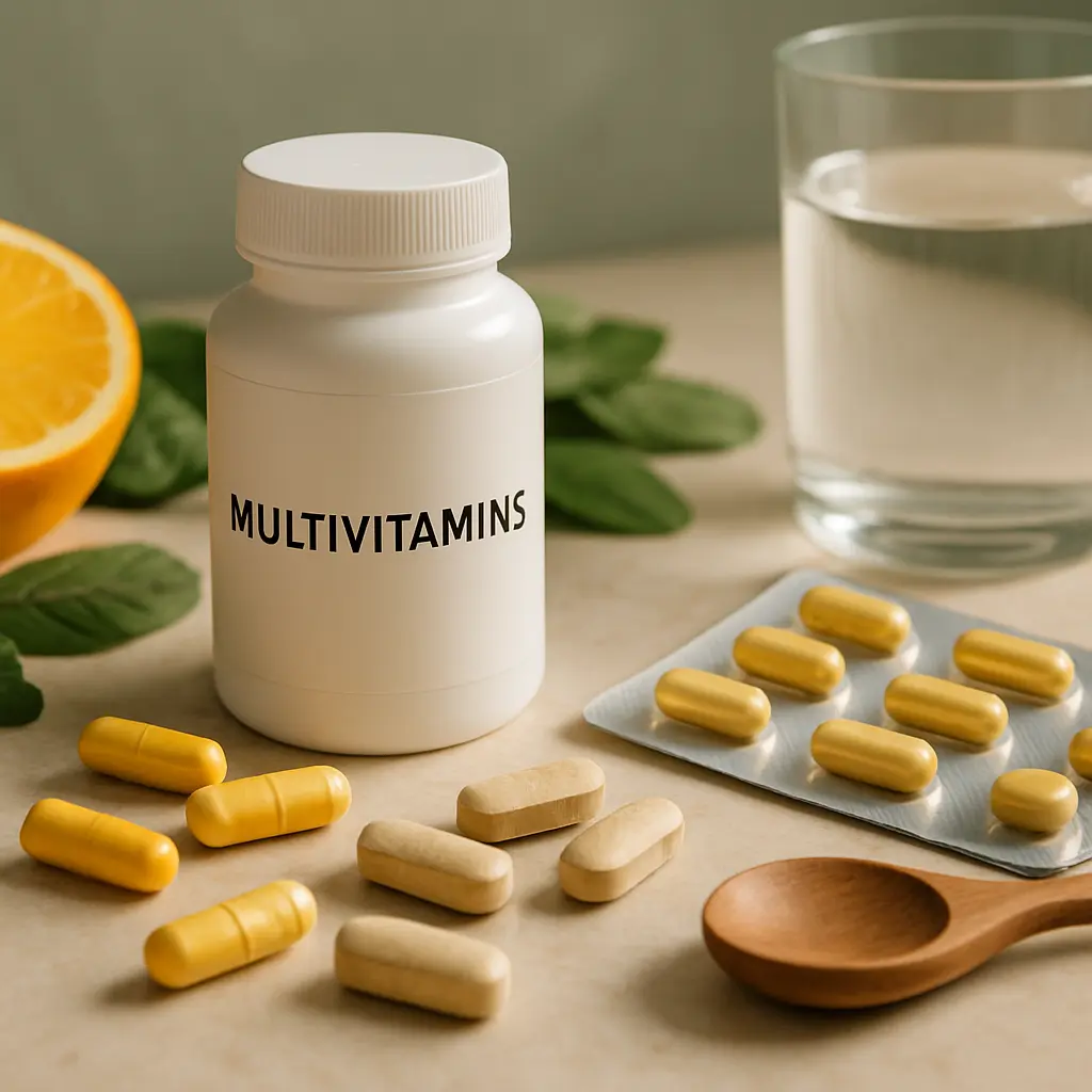 Multivitamins bottle with various supplements, a half-cut orange, a wooden spoon, and a glass of water, emphasizing healthy eating and wellness.