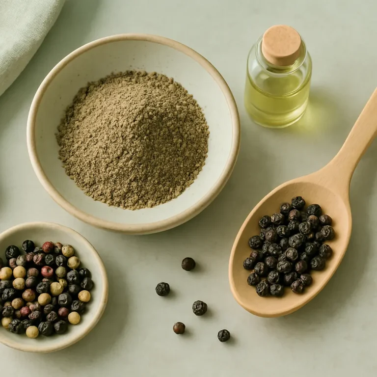 Herbal supplements displayed include a bowl of powdered herbs, whole peppercorns in a wooden spoon, a small bowl of mixed peppercorns, and a bottle of essential oil, promoting wellness and healthy living.