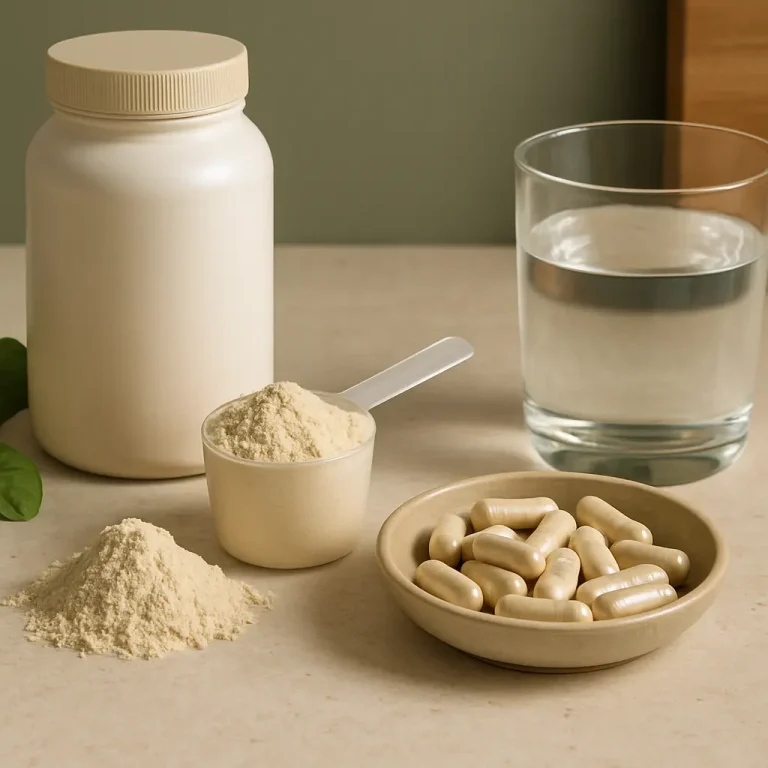 Nutritional supplements including a jar of protein powder with a measuring scoop, a pile of powder, capsules in a bowl, and a glass of water, highlighting wellness and fitness.