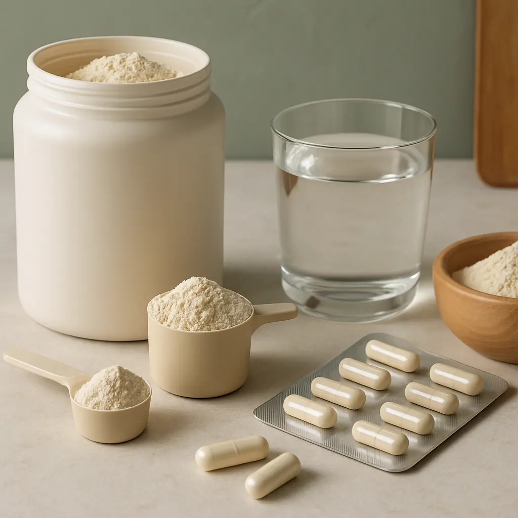 Protein powder container and scoops with capsules on a table, promoting fitness, wellness, and healthy eating.