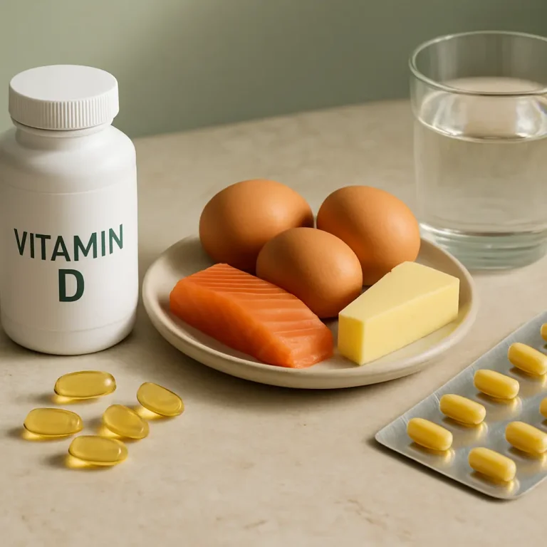 A bottle labeled Vitamin D surrounded by eggs, salmon, cheese, softgel capsules, and a glass of water, emphasizing healthy eating and wellness.