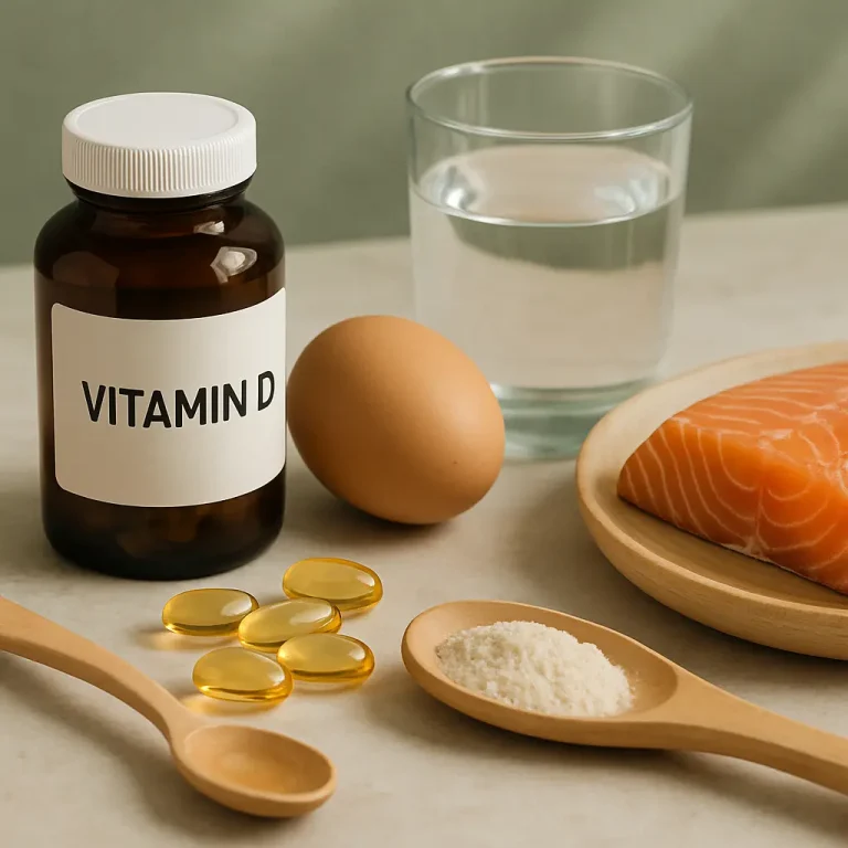 Vitamin D bottle, salmon, egg, and supplements on a table for healthy eating, wellness, and fitness.