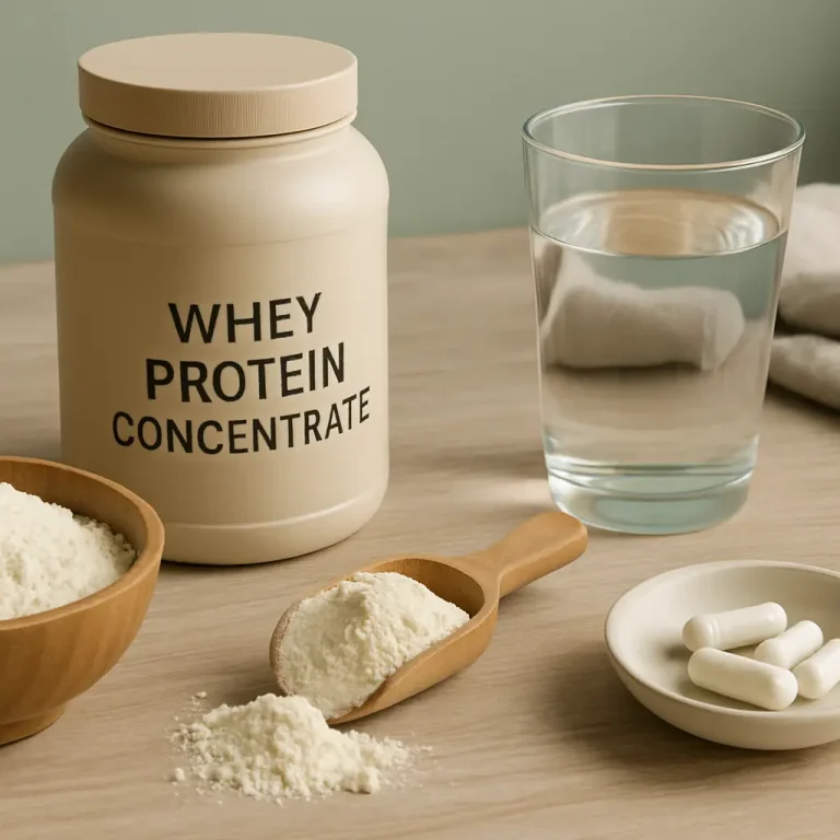 Container of whey protein concentrate next to a glass of water, wooden bowl with protein powder, and capsules, symbolizing fitness, wellness, and healthy eating.