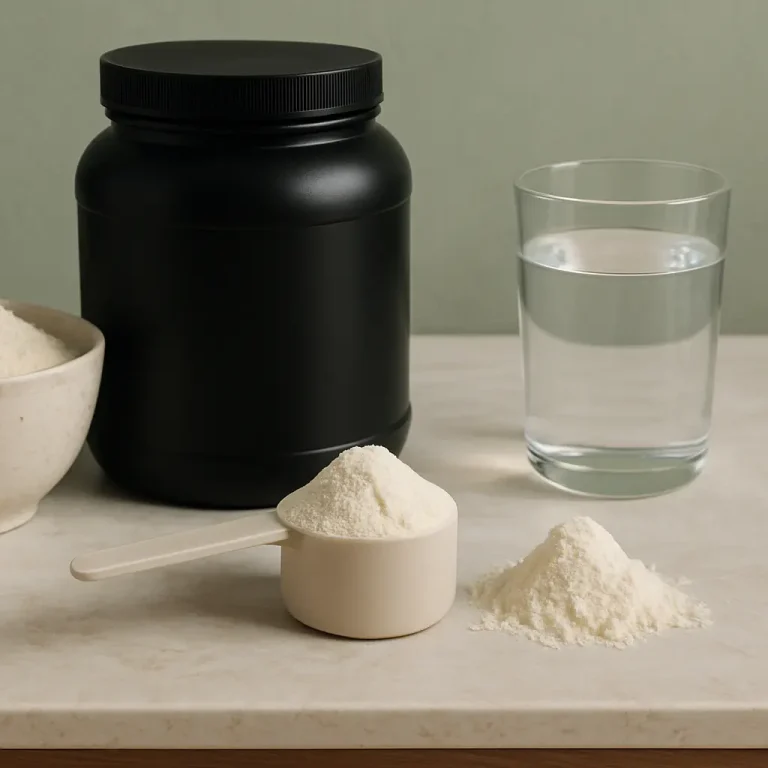 Jar of protein powder with a scoop and a glass of water on a table, emphasizing fitness supplements and healthy eating.