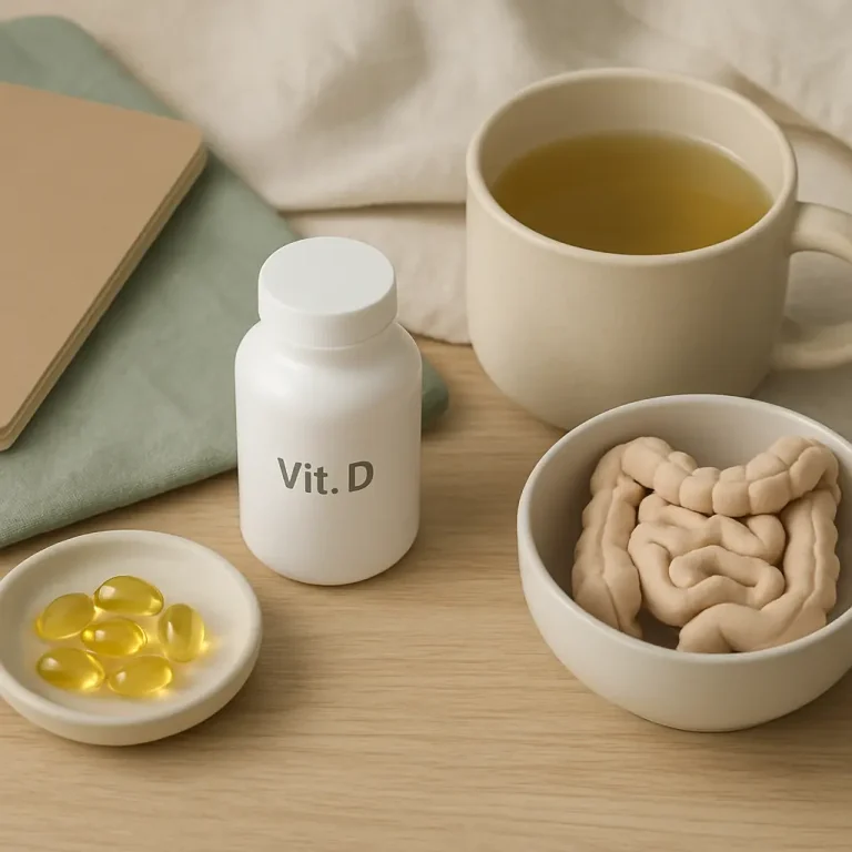 Vitamin D supplement bottle with yellow capsules, tea, and a model of intestines on a table, symbolizing wellness, healthy eating, and fitness.
