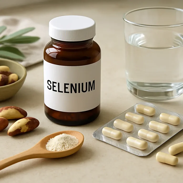 Selenium supplement bottle with capsules, a glass of water, and Brazil nuts promoting vitamins, wellness, and healthy eating.