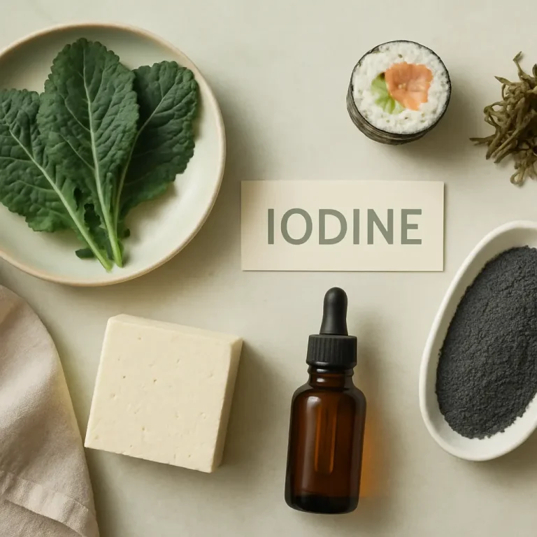 Iodine-rich foods and supplements displayed, including dark leafy greens, tofu, a dropper bottle, and a sushi roll, promoting healthy eating and wellness.