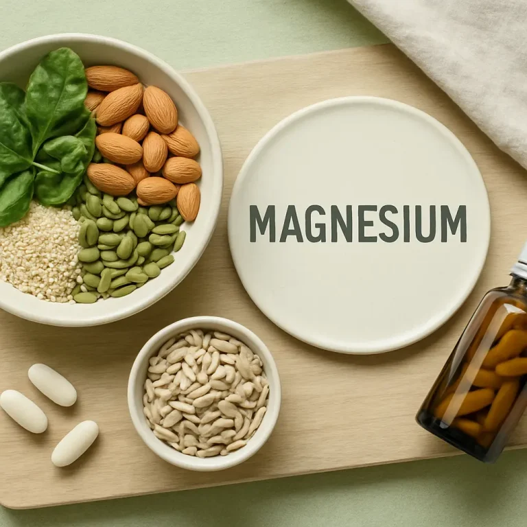 Magnesium-rich foods including almonds, spinach, pumpkin seeds, and sesame seeds on a wooden board with tablets and a supplement bottle, promoting wellness and healthy eating.