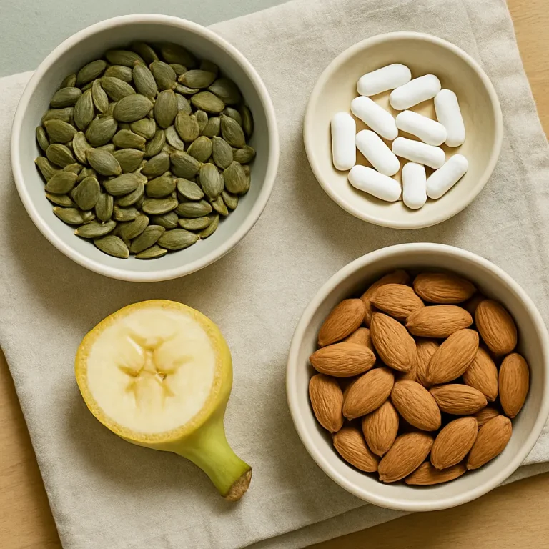 A variety of healthy foods and supplements on a table: a bowl of pumpkin seeds, a bowl of almonds, a few white supplement pills, and a sliced banana half, emphasizing nutrition, wellness, and healthy eating.