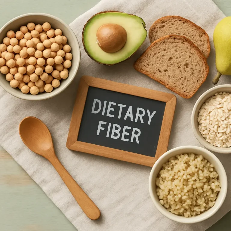 Healthy foods high in dietary fiber including avocado, whole grain bread, soybeans, barley, and oats, emphasizing wellness and nutrition.