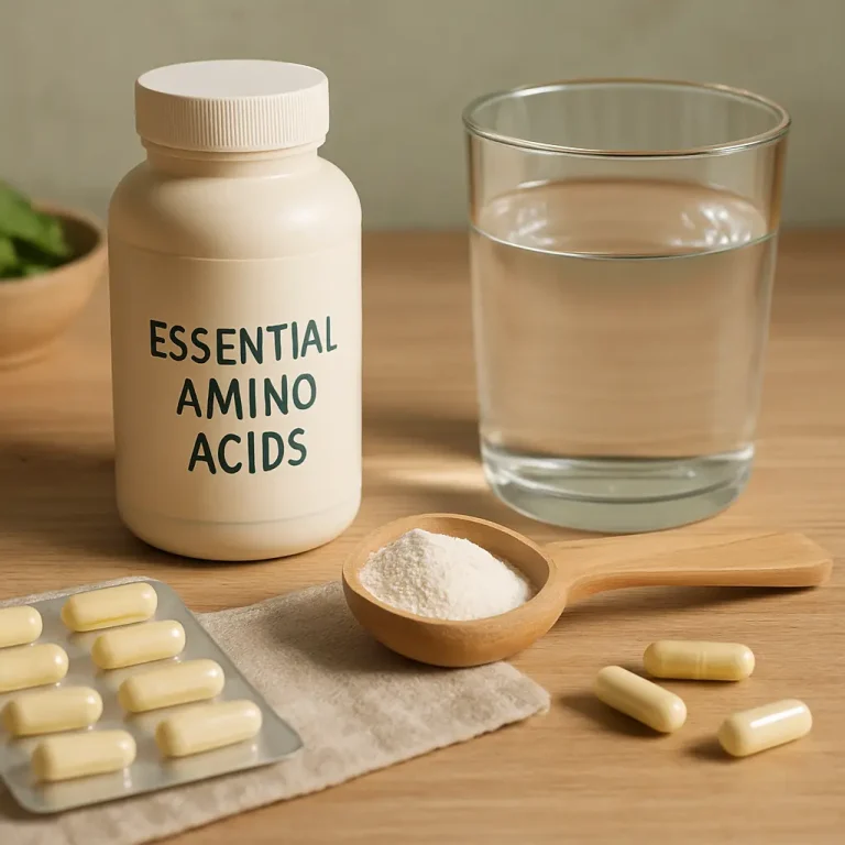 Container labeled 'Essential Amino Acids' next to capsules, powder in a wooden scoop, and a glass of water, emphasizing supplements for fitness and wellness.