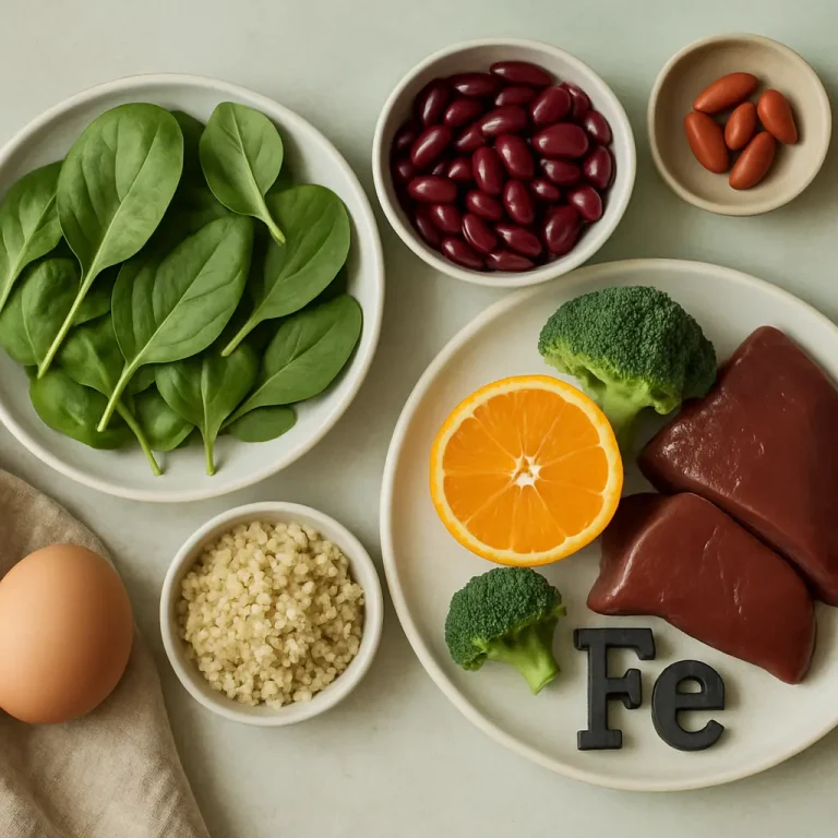 Assorted iron-rich foods including spinach, red beans, orange slices, quinoa, broccoli, eggs, and liver on a table, symbolizing wellness and healthy eating.