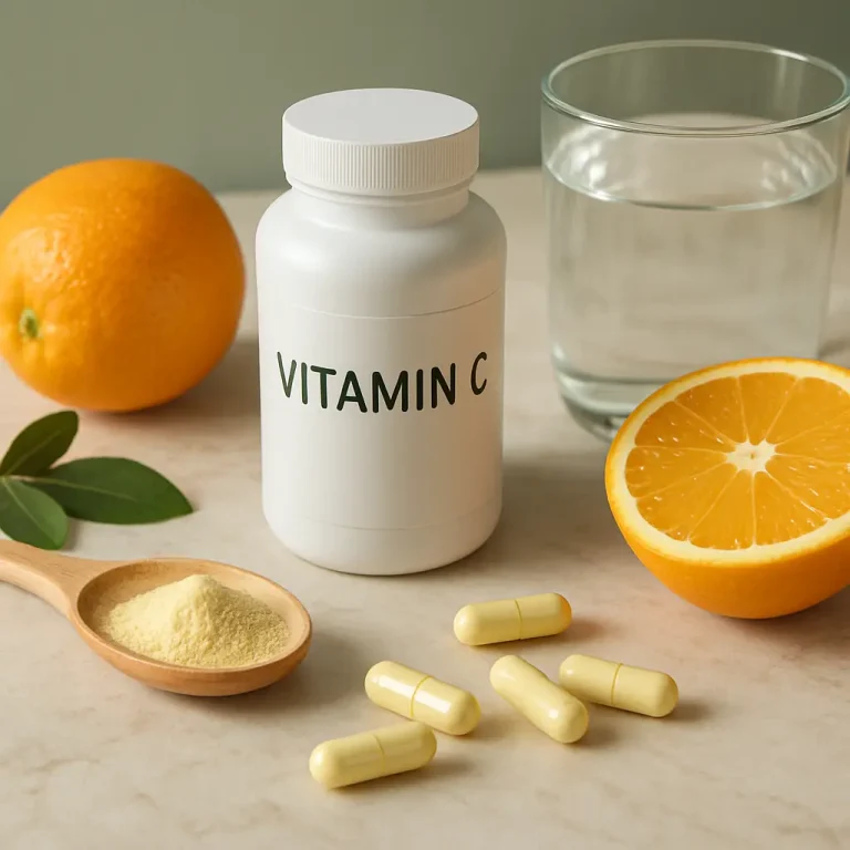 Vitamin C supplement bottle alongside fresh oranges, vitamin capsules, a spoonful of powder, and a glass of water, highlighting health benefits and wellness focus.