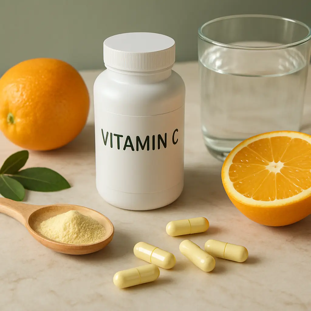 Vitamin C supplement bottle alongside fresh oranges, vitamin capsules, a spoonful of powder, and a glass of water, highlighting health benefits and wellness focus.