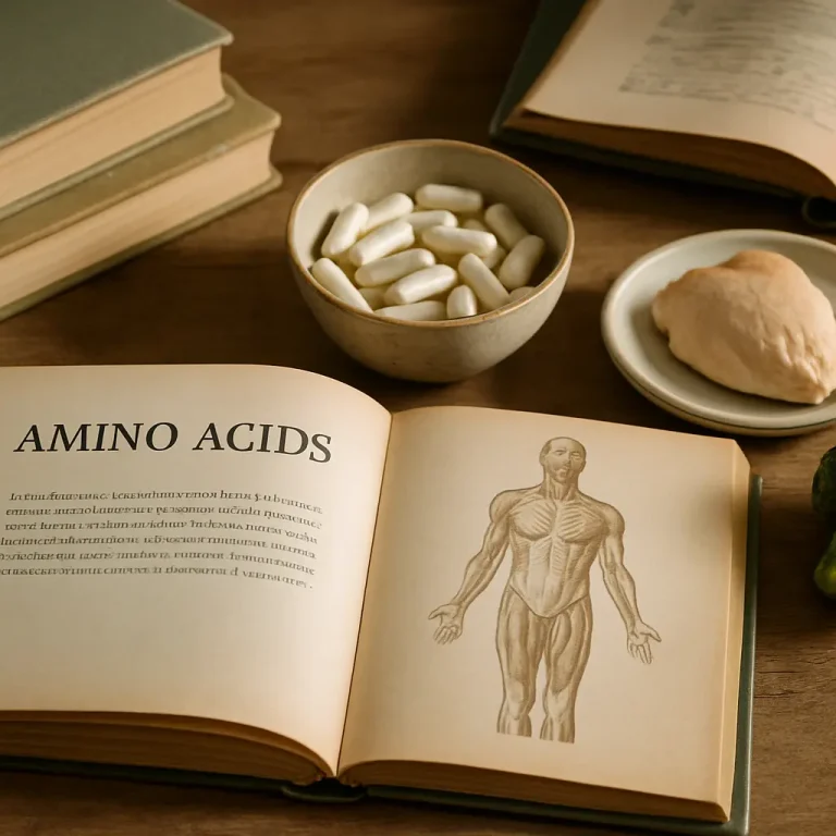 Open book on a table with an illustration of a muscular human figure and the text 'Amino Acids,' surrounded by supplements, chicken breast, and green vegetables, emphasizing fitness, wellness, and healthy eating.