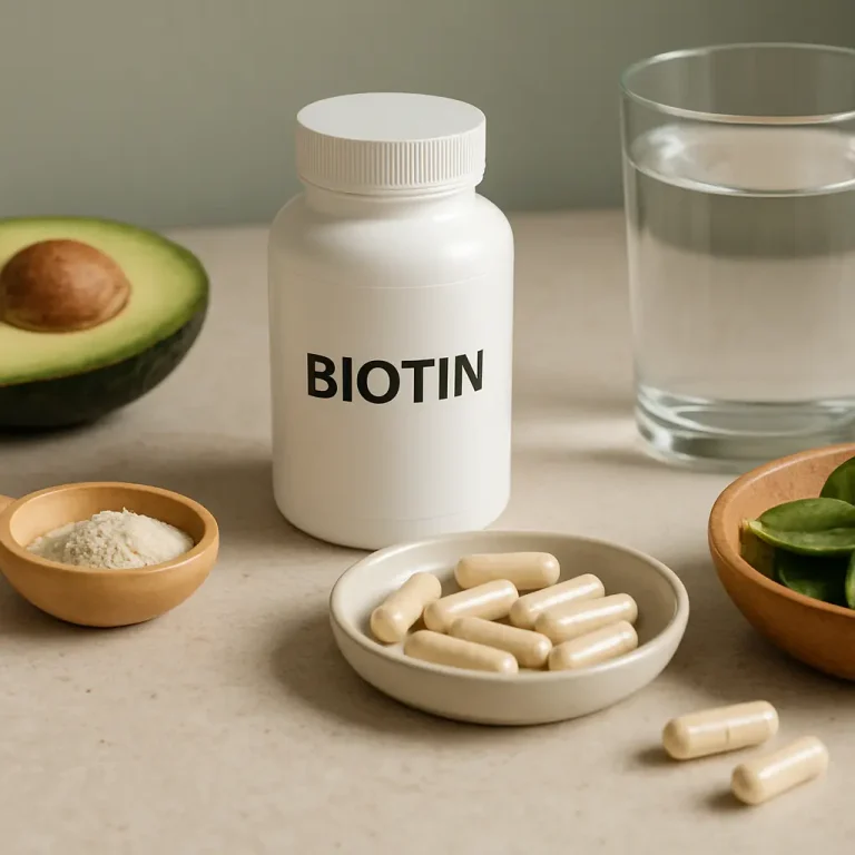 Biotin supplement bottle surrounded by capsules, avocado, spinach leaves, and a glass of water, promoting vitamins, wellness, and healthy eating.