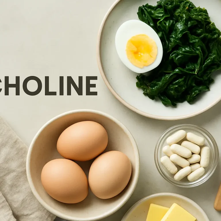 Assortment of choline-rich foods including eggs, spinach, and supplements with a caption reading 'CHOLINE', emphasizing vitamins, healthy eating, and wellness.