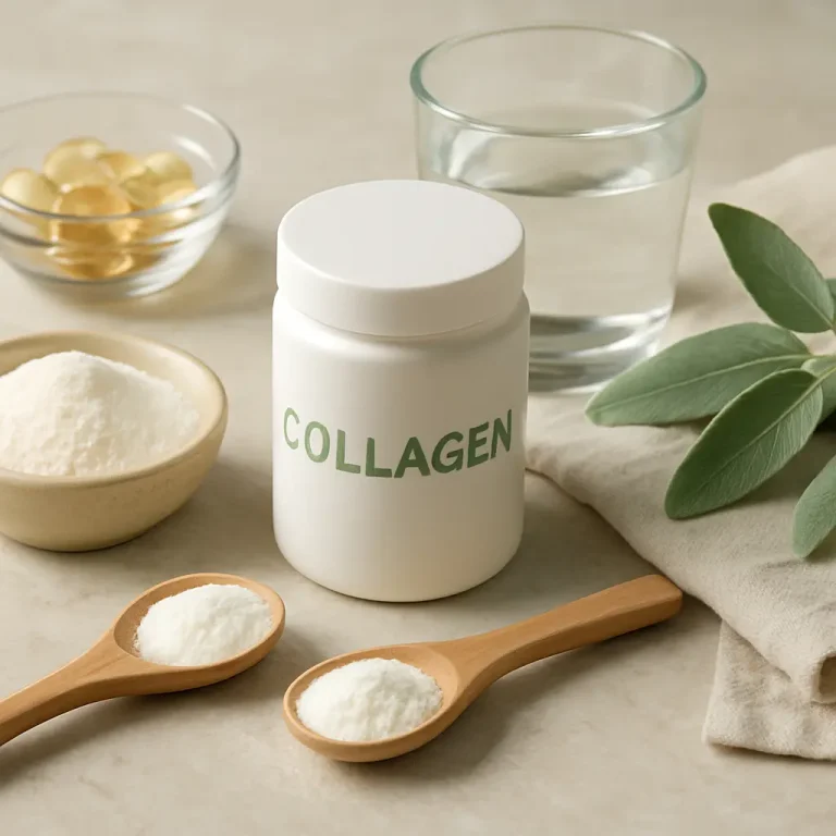 Collagen supplement jar surrounded by protein powder in wooden spoons, vitamin capsules, a glass of water, and sage leaves, highlighting fitness, wellness, and healthy eating.