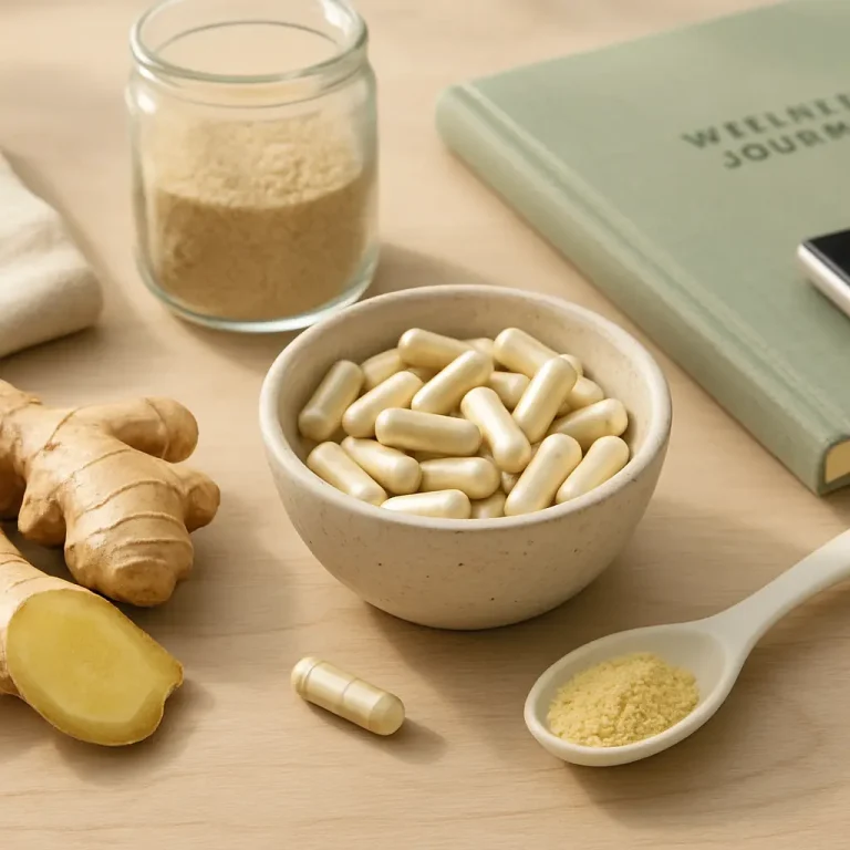 Bowl of vitamin capsules beside ginger root, a jar of powdered supplements, and a wellness journal; promoting fitness and healthy eating.