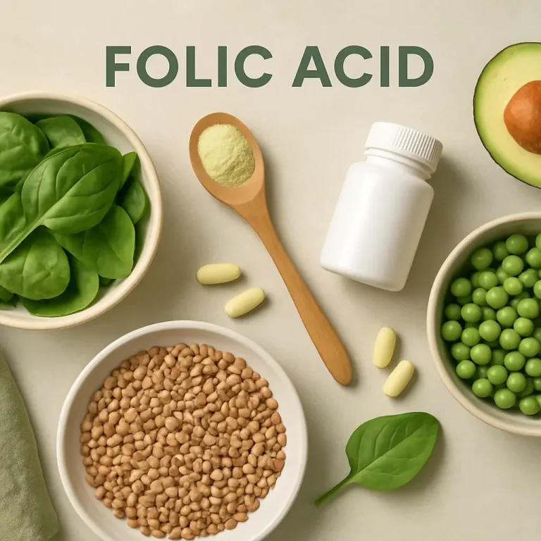 Assorted ingredients and supplements related to folic acid, including spinach leaves, a wooden spoon with powder, a white bottle, avocado, legumes, and green peas, promoting wellness, vitamins, and healthy eating.