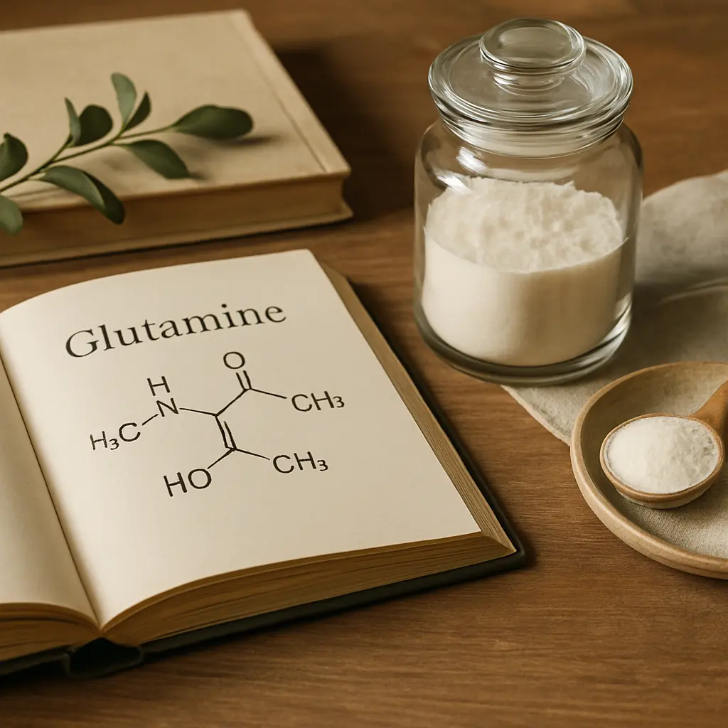 A book open to a page displaying the chemical structure of glutamine next to a glass jar and a wooden spoon containing a white powder, symbolizing supplements and wellness.
