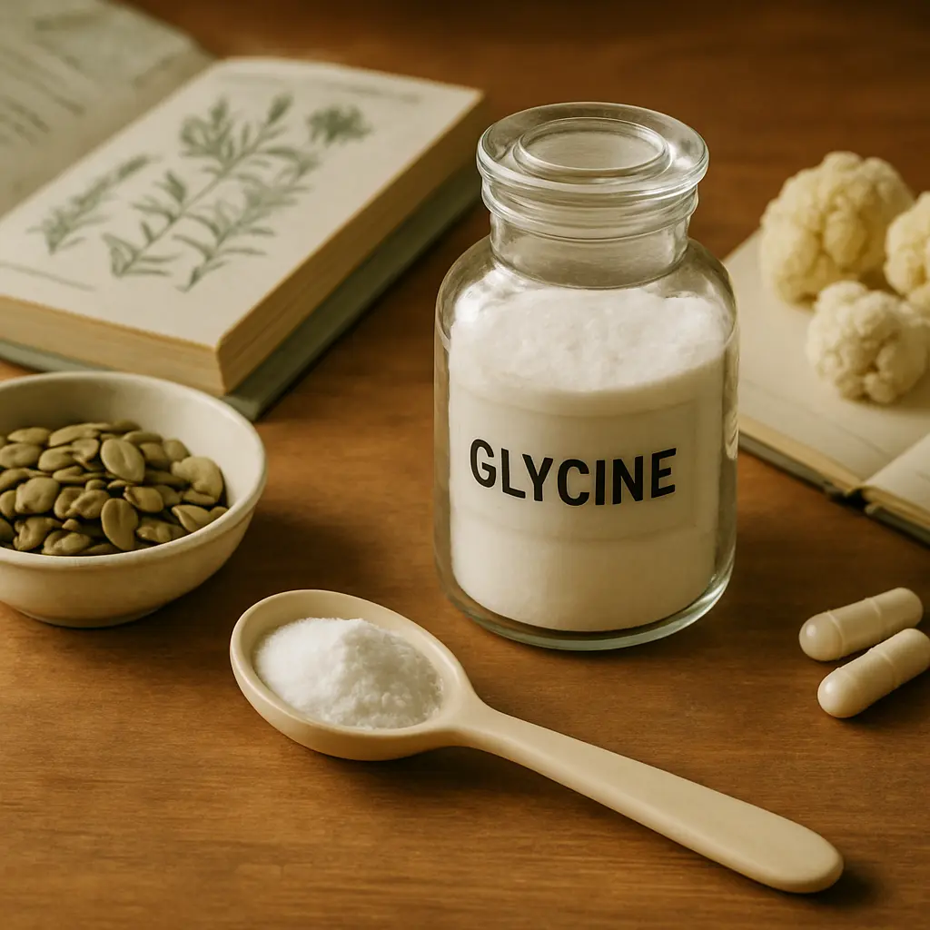 A glass jar labeled 'Glycine' surrounded by healthy seeds, a spoon of powder, and capsules, emphasizing wellness, fitness, and supplements.