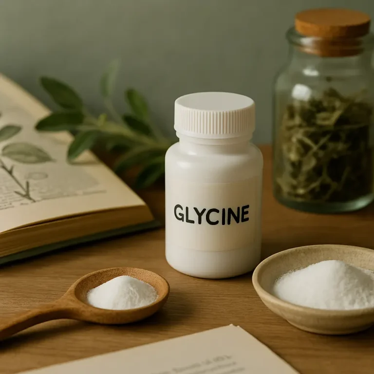 Glycine supplement bottle on a wooden table surrounded by a spoon of powdered supplement, an open book on herbs, and a jar of dried leaves, emphasizing wellness and healthy living.