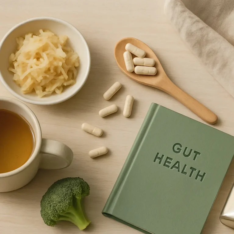 Flat lay of a "Gut Health" book, capsules on a wooden spoon, a bowl of sauerkraut, a broccoli floret, and a mug of tea, emphasizing vitamins, supplements, fitness, wellness, and healthy eating.