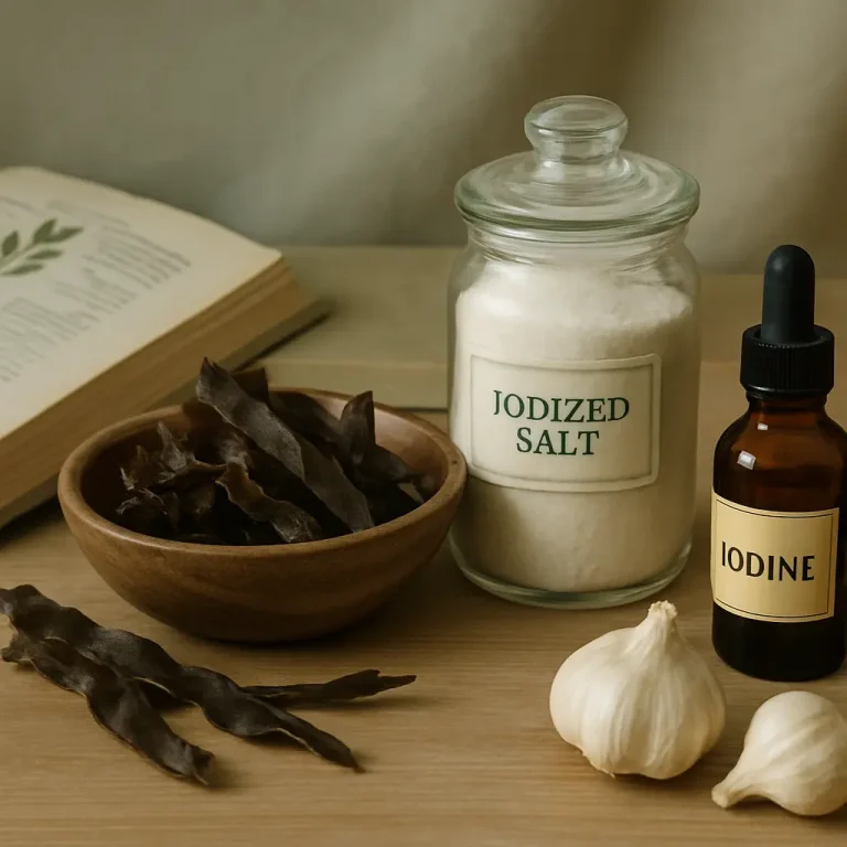 Jar of iodized salt next to a bottle labeled iodine, dried seaweed in a bowl, and garlic cloves, conveying themes of wellness, supplements, and healthy eating.