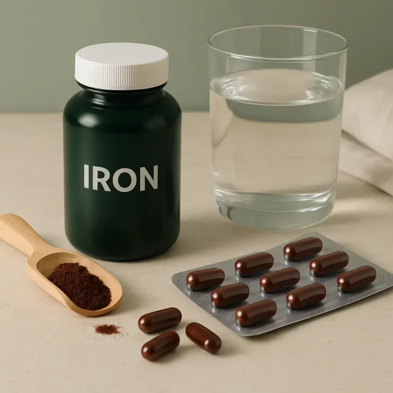 Iron supplement bottle with capsules, a scoop of iron powder, and a glass of water, emphasizing vitamins and wellness for healthy living.