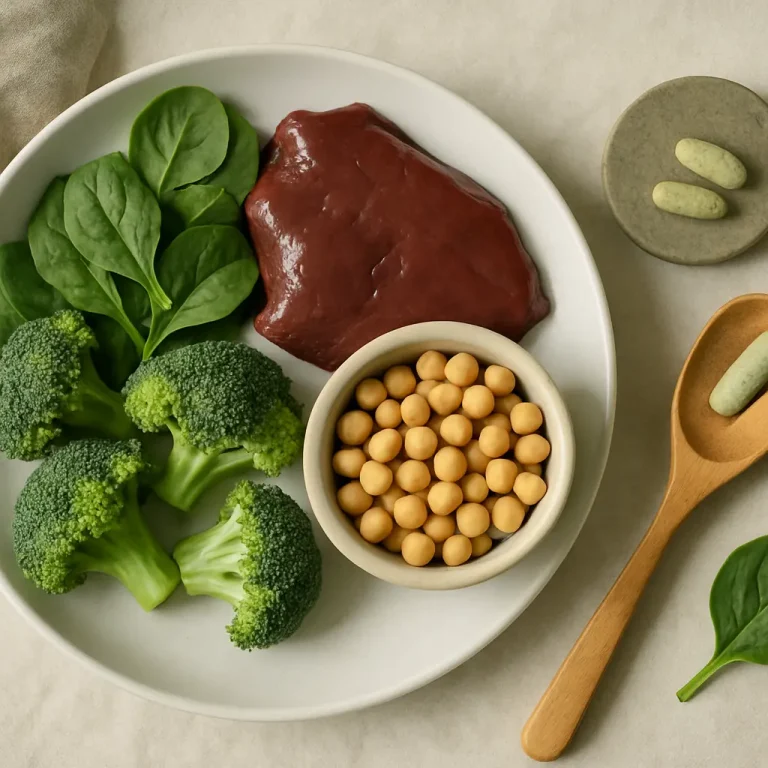 Plate of nutrient-rich foods including fresh spinach, broccoli, chickpeas, and liver, alongside green vitamin supplements, promoting wellness, healthy eating, and fitness.