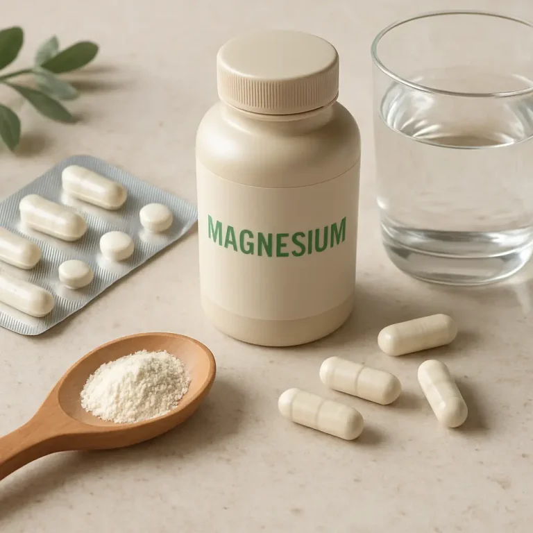 Magnesium supplement bottle surrounded by white capsules, a blister pack, a wooden spoon of powder, and a glass of water, representing vitamins, supplements, and wellness for healthy eating and fitness.