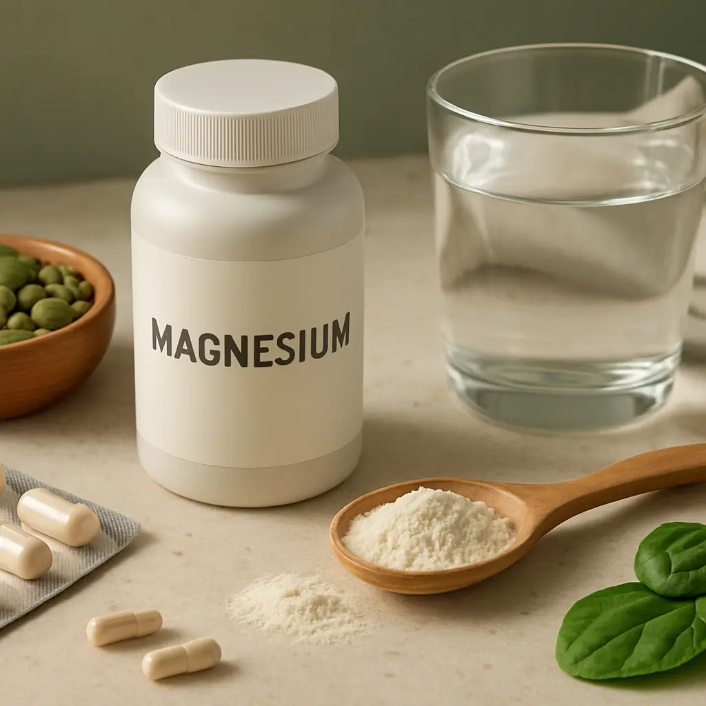 Magnesium supplement bottle with capsules, powder, leafy greens, and a glass of water, highlighting vitamins, wellness, fitness, and healthy eating.