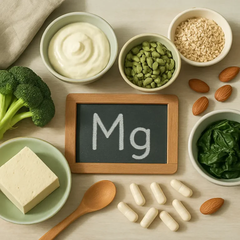 Magnesium-rich foods and supplements, including tofu, spinach, almonds, yogurt, pumpkin seeds, and capsules, highlighting healthy eating and wellness.