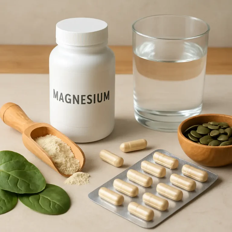 Magnesium supplement bottle with capsules, spinach leaves, pumpkin seeds, and a glass of water on a table, emphasizing healthy eating, wellness, and fitness.