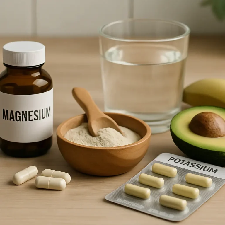 Magnesium bottle, powder, and capsules next to potassium tablets, avocado, banana, and a glass of water, promoting wellness, vitamins, and healthy eating.