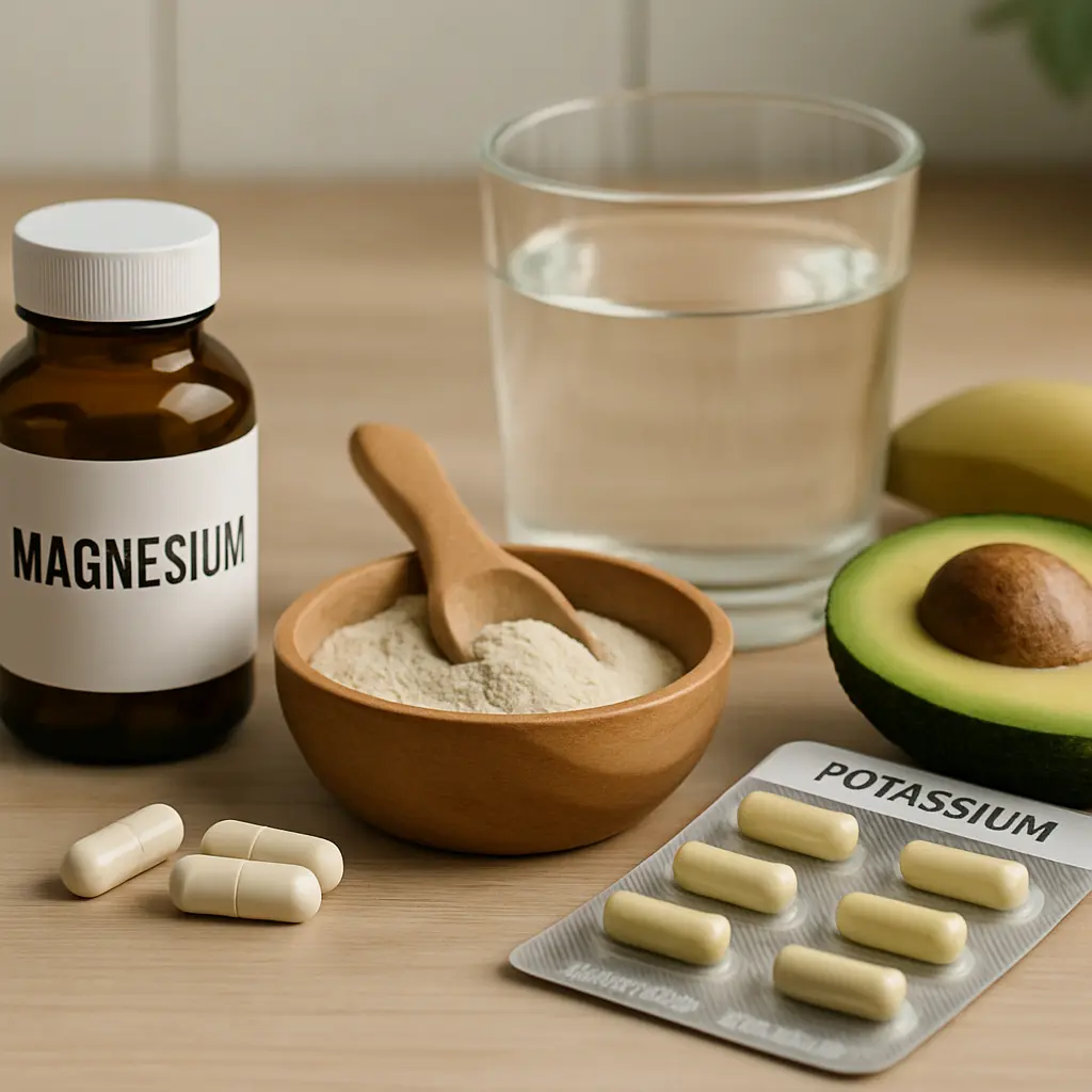 Magnesium bottle, powder, and capsules next to potassium tablets, avocado, banana, and a glass of water, promoting wellness, vitamins, and healthy eating.