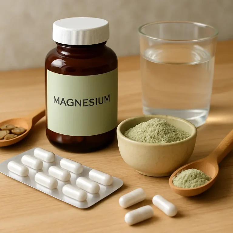 Magnesium supplement bottle with capsules and powder, alongside almonds and water, emphasizing wellness, fitness, and healthy eating benefits.