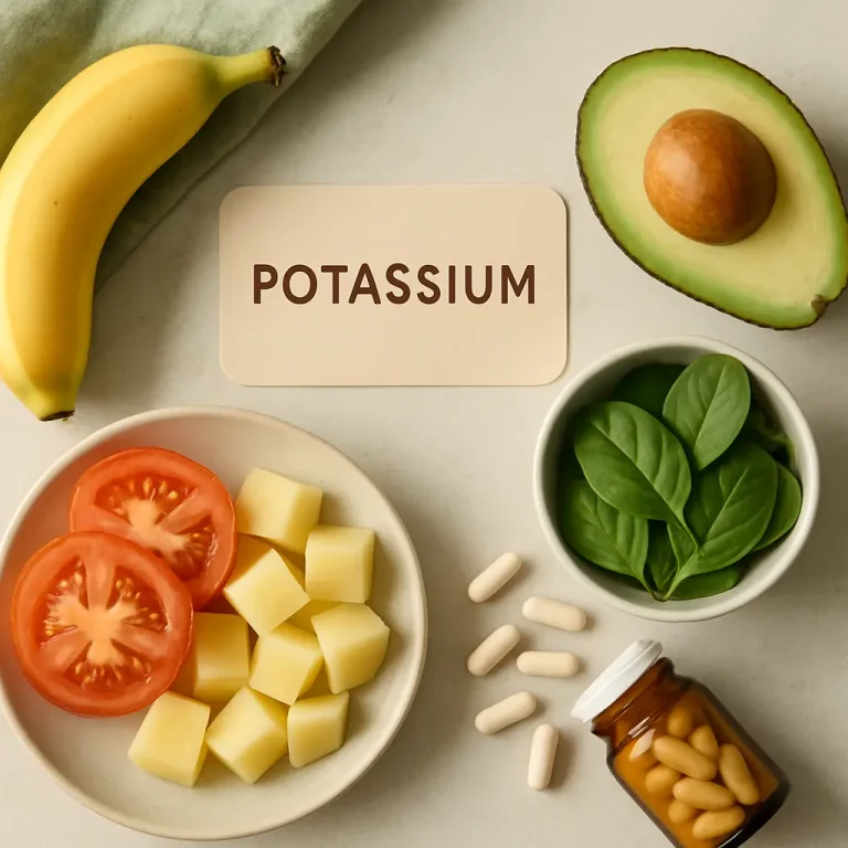 Foods rich in potassium including a banana, avocado, tomatoes, potatoes, spinach, and supplements demonstrate healthy eating and wellness benefits.