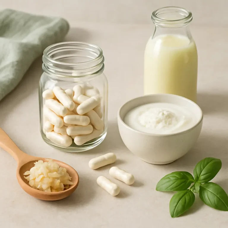Glass jar of white supplement capsules next to a bowl of yogurt, a bottle of milk, a wooden spoon of fermented food, and basil leaves, representing vitamins, wellness, and healthy eating.