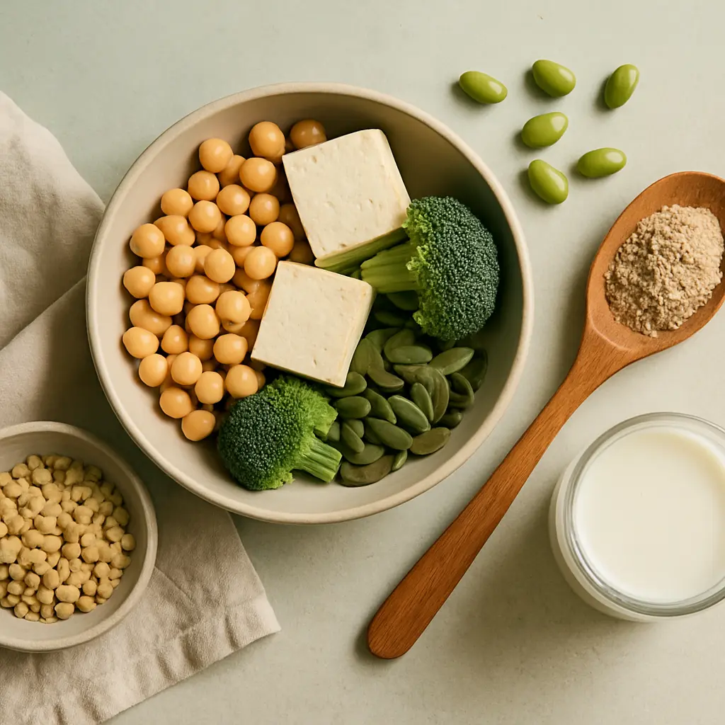 A bowl filled with healthy foods including chickpeas, tofu, broccoli, and green vegetables, surrounded by ingredients like protein powder and soy milk, highlighting concepts of wellness, vitamins, supplements, and healthy eating.