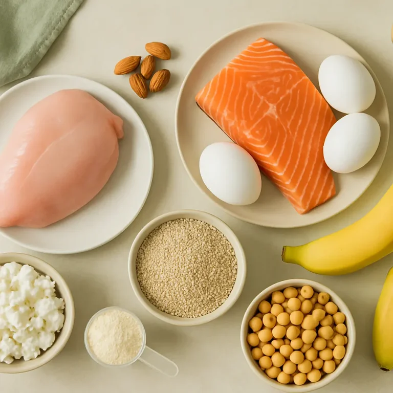 Assortment of healthy protein-rich foods including salmon, chicken breast, eggs, chickpeas, almonds, quinoa, cottage cheese, a banana, and protein powder, promoting wellness and fitness nutrition.